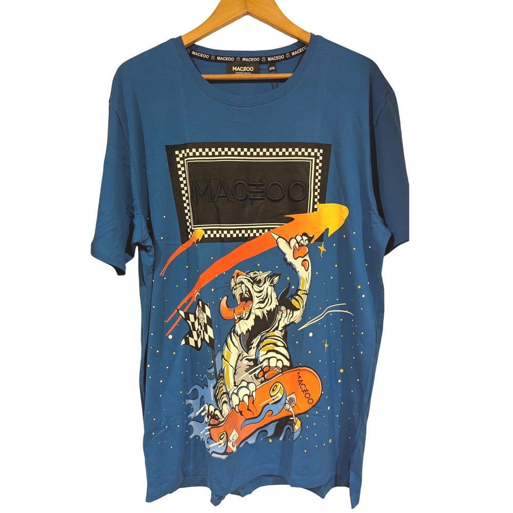 Maceoo Skateboard Tiger Tee XXL Blue Embroidered Graphic Streetwear T-Shirt